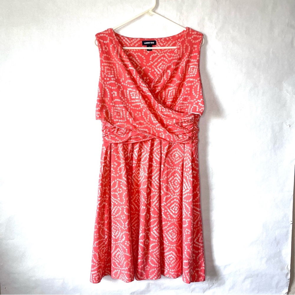 Lands' End Women's Wrap Front Fit & Flare Dress Knee Length Size L Coral Pink